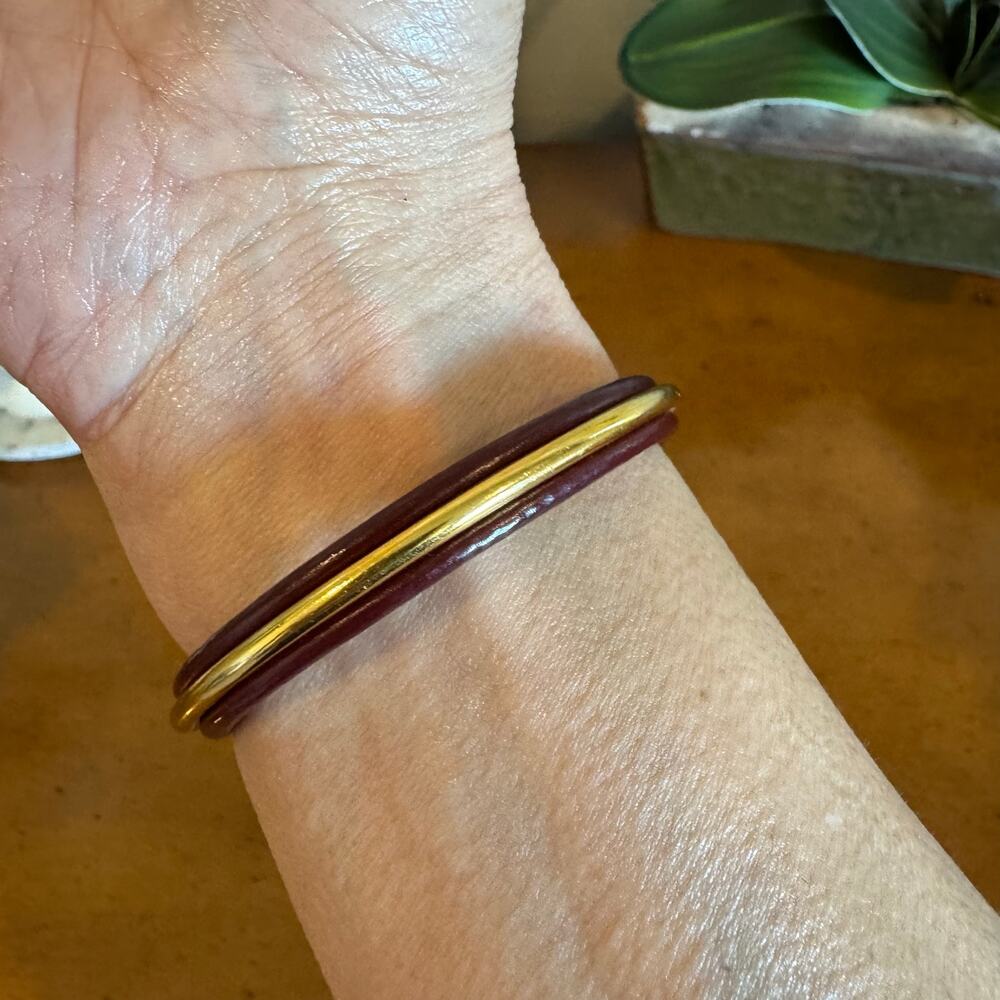 Hermès Burgundy Leather Bracelet Gold Adjustable Bangle - Picture 5 of 10